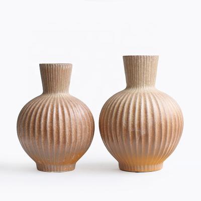 China Retro Rustic Vintage Vase Terracotta Handmade Ribbed Ceramic Flower Pot For Home Decor Gifts for sale