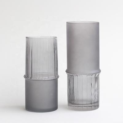 China Modern Cylinder Gray Flower Vase Frosted Handmade and Ribbed Finish Crystal Glass Vessel for Home Office Wedding Decoration for sale