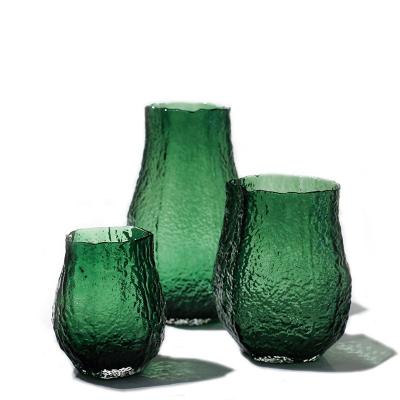 China Small Ripple Art Decor Green Colored Mouth-Blown Textured Modern Glass Vase Nordic Wedding Home Decor Gifts for sale