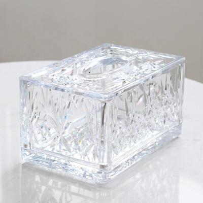 China Morden Luxury High Quality PC Material Clear Flower Patterns Carving Rectangle Tissue Box Napkin Holder for sale