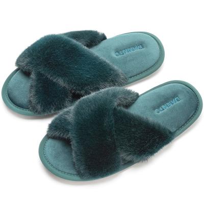 China Fashion Trend Women's Slippers Stripe Soft Plush Furry Open Toe House Shoes Indoor Warm Comfortable Bedroom Flats Slip for sale