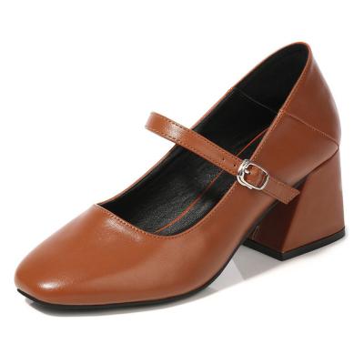 China New Casual Plus Size Thick Square Toe Massage Retro Heels Mary Jane Women Leather Shoe for sale