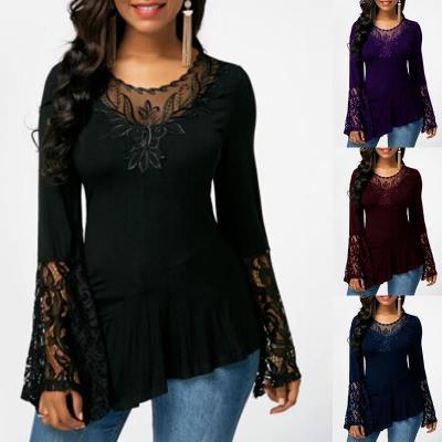 China Fashion Z72129 Autumn Breathable Solid Long Sleeve O Neck Top Casual Women Plus Size Lace Blouses for sale