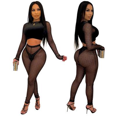 China Z71395 Breathable Fashion Clothes Women Long Sleeve Solid Sheer Casual Nightclub Two Piece Set for sale