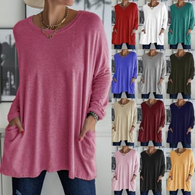 China Fashion Z69349 Long Sleeve Breathable Solid Top Pocket Whip Casual Women Fall Loose T-Shirts for sale