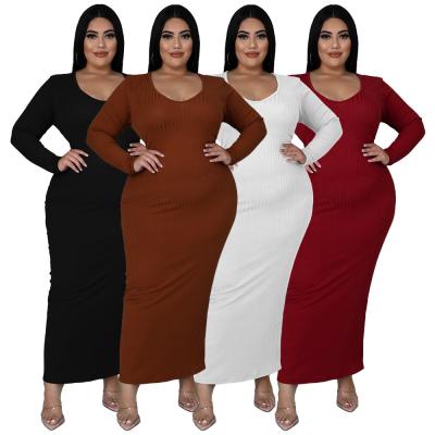 China Z69746 Autumn Breathable Elegant Long Sleeve Solid Hollowed Out Casual Plus Size Women Ribbed Long Dress for sale