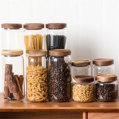 China Viable 500ml, 1000ml sealed high borosilicate glass jar with acacia spiral wood cover acacia cover for sale