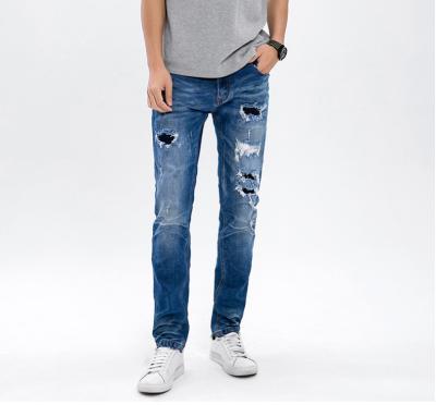 China OEM logo QUICK DRY patchwork men's jeans custom combing skinny ripped men slim fit long jeans pants for sale