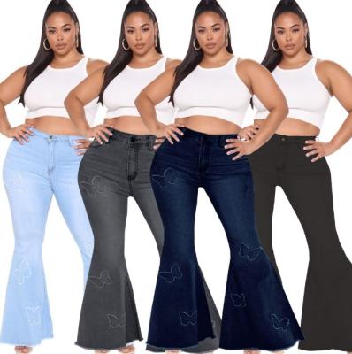 China Plus Size Fashion Slim Butterfly Decorative Wide Leg XXXXL Flared Pants 5XL Bell-Based Jeans For Women for sale