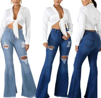 China European and American women's breathable fashion washed jeans ripped denim stretch Belloche-based slim flare pants for sale