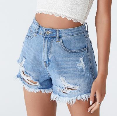 China European and American denim breathable high waist shorts jeans women's hot brim hot pants ripped raw shorts for women for sale