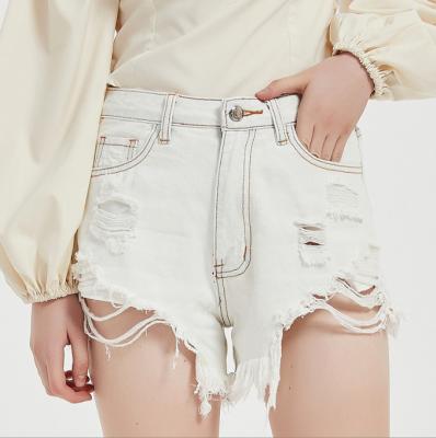 China European And American Outdoor Wear Equipment Breathable Jeans Blue White Ripped Denim High Waist Shorts Jeans For Women for sale