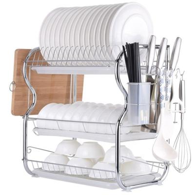 China Kitchen Viable Metal 2 Tier Steel Dish Rack With Utensil Holder Cup Kitchen Counter Top Rack Dish Drainer Rack for sale