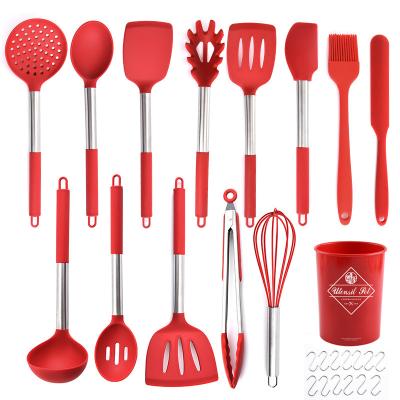 China Sustainable Silicone Kitchenware Set Kitchen Cooking Spatula Baking Toolcookware 13 Pieces Set With Storage Bucket Border for sale