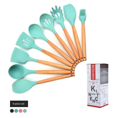 China Sustainable Wooden Handle Silicone Kitchenware Set 9 Piece Set Beech Wood Cooking Shovel Spoon Cookware Baking 12 Piece Tableware Spirit Set for sale