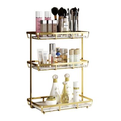 China Hot Kitchen Amazon Glass and Gold Metal Frame Dressers Makeup Organizers Cosmetics Tray Rack for sale