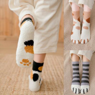 China New autumn and winter plush breathable coral socks thickened floor warm socks home cat paw footprints sleep socks for sale