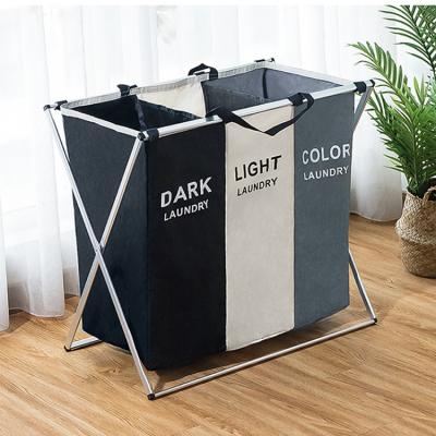 China Wholesale Minimalist 3 Grids ins Storage Multiple Hamper With Handles Bathroom Oxford Foldable Laundry Hamper Dirty Clothes Organizer for sale