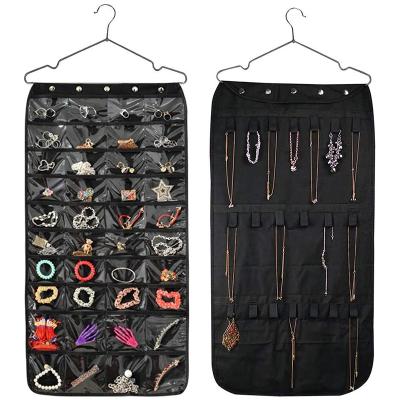 China RTS Nonwoven Fabric Folding Double Sides Hanging Necklace Storage Bag With 40 Pockets Hanging Wardrobes Jewelry Organizer for sale