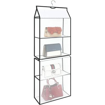 China Transparent Folding Mesh Closet Purse Organizer Hanging Bag With Hook 4 Shelves Foldable Closet Storage Bag for sale