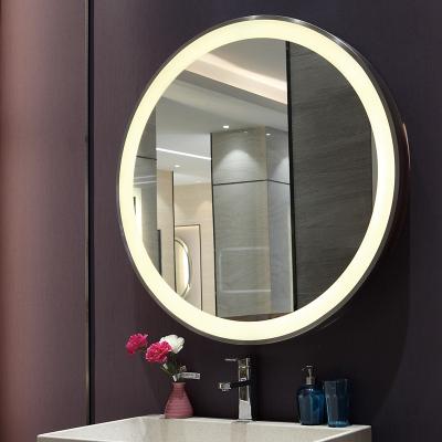 China Bright Black Metal Framed LED Lighted Round Wall Bathroom Smart Mirror for sale