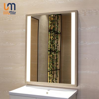 China Illuminated Lighted Wooden Makeup Mirror Bathroom Wall Mouted Makeup Mirror for sale