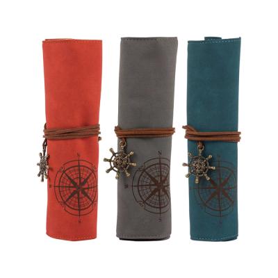 China Hot Selling Customization Vintage Roll Soft Foldable Bandage Style Retro PU Leather Pencil Case For School Students for sale