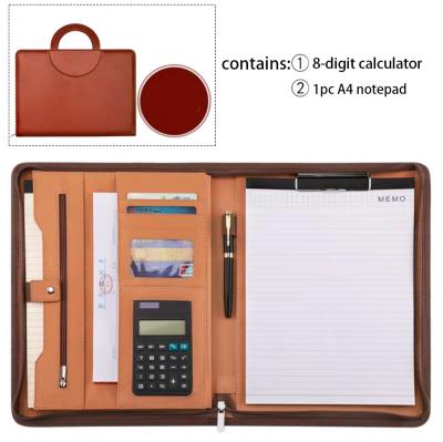 China Custom Logo Leather Briefcase A4 PU Leather Notebook Folder Business Office Calculator Stationery Zipper Folder for sale