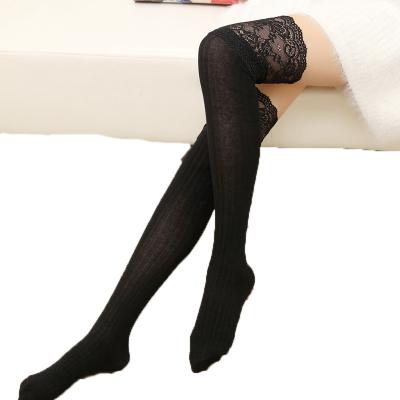 China Sporty Winter Warm Over The Knee Socks Women Lace Up Decorative Lace Fashion Knit High Tube Cotton Socks for sale