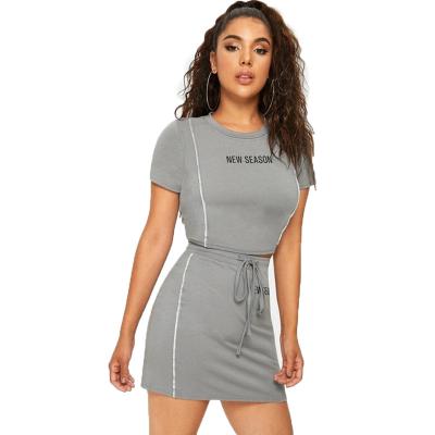 China New Alphabet Breathable Drawstring Spring/Summer Printing Sleeve T-shirt Gray Short Top Skirt Sports Two-Piece Suit Woman for sale