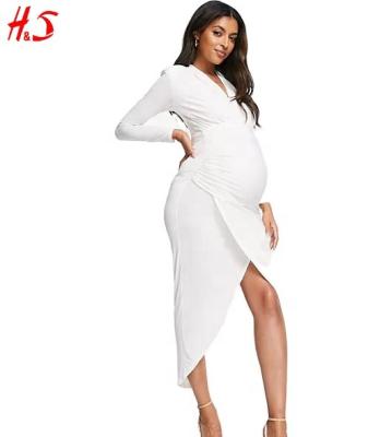 China Hotsell Solid Color Maternity Antibacterial Plunge Clothing Hotsell Front Ruched Maxi Maternity Dresses For Women for sale