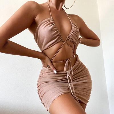 China Hotsell Anti-wrinkle Cut Shiny Silk Dress Even Sexy Pleated Mini Dresses Halter Strap Short Sleeveless Tight Dress Women for sale