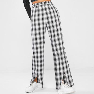 China Custom Fashion Anti-wrinkle Edge Split Straight Leg Black Checked Casual Pants For Ladies for sale