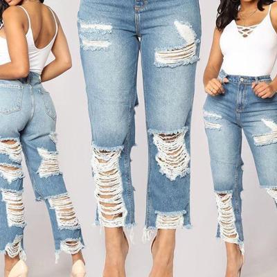 China 2022 fashion QUICK DRY hole ripped jeans women straight pants loose denim pants for woman ladies skinny jeans for sale