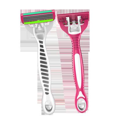 China Triple Blade Six Blades Disposable Shaving Razor With Pink Rubber Handle For Lady for sale