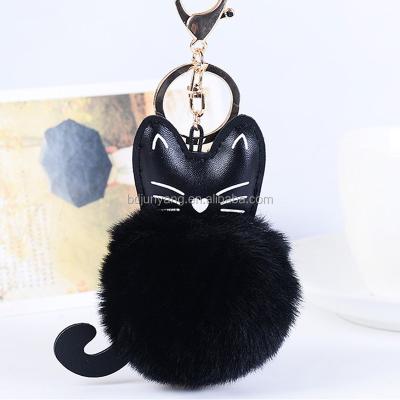 China Hot Selling PU Leather Key Chain Cat Fur Pom Key Chain Cat Fur Pom Key Chain for sale