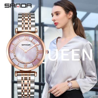 China Automatic Date Ladies Waterproof Rose Gold Steel Band Diamond-Set Mother-of-fruit Dial Gypsophila Quartz Watch for sale