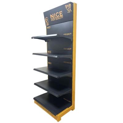 China Factory Custom Size Color logo single side metal yellow supermarket market gondola shop exhibition display rack shelf for sale