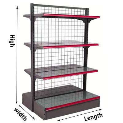 China Metallic Mesh Back Gondola Shelving Cold Rolled Steel Rack Supermarket Shelf for sale