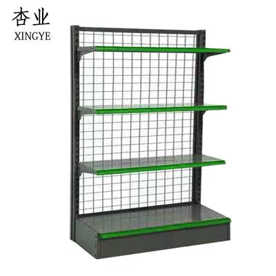 China Snack Mesh Back Gondola Shelving Movable White Supermarket Display Shelf for sale