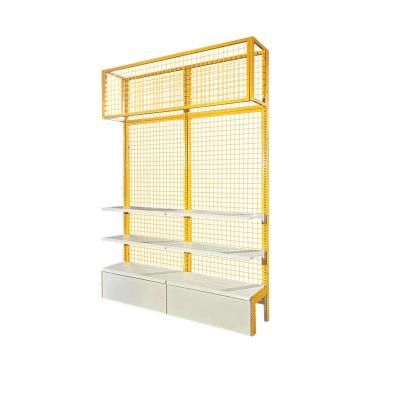 China Steel Mesh Back Gondola Shelving For Supermarket Shop Exhibit Net Mesh Shelf for sale