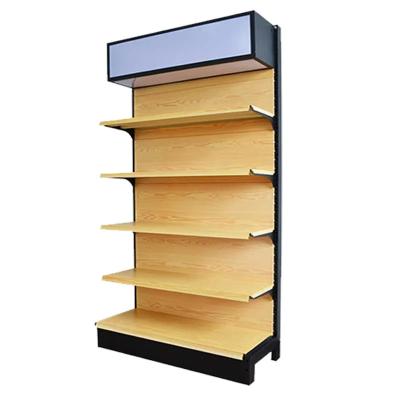 China Wood Grain Supermarket Gondola Shelf Heavy Duty Cold-rolled Steel Goods Display for sale