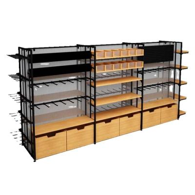 China Factory Customized Color Size Combined Supermarket Shelving Supermarket Modern Display Shelf Wood Pattern Supermarket Shelves for sale