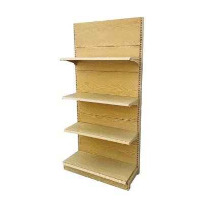 China Single Side Wood Gondola Shelving Metal Wood Grain Supermarket Shelf for sale