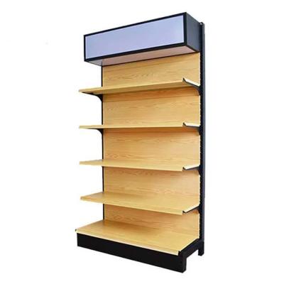 China Customized Wood Grain Shelving Transfer Steel Supermarket Gondola Rack for sale