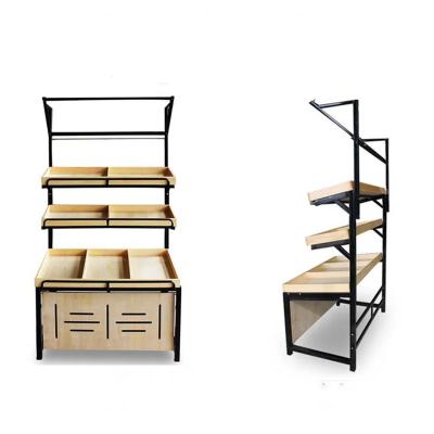 China Supermarket Fruit And Vegetables Shelves Customized Size Steel Wood Frame for sale