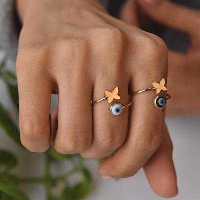 China BOHIME 2pcs/set Lucky Eye Blue Turkish Open Ring Copper Gold Color Finger Rings Fashion Adjustable Jewelry for sale