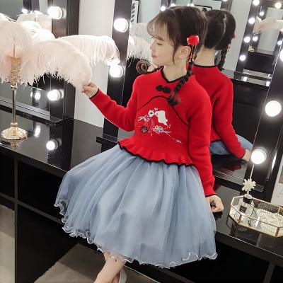 China Chinese style fashion autumn and winter girls wholesale boutique set children's cartoon embroidery sweater + dress two-piece suit for sale