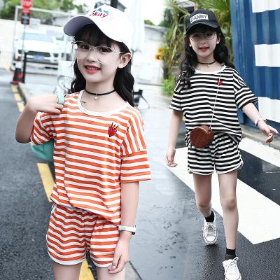 China New Casual Popular Stripes Embroidered T-Shirt And Cotton Cloth Shorts Sport Set for sale