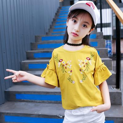 China New style kids summer cotton fabric girls boutique embroidered off-shoulder T-shirt for sale